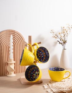 Service de table en céramique LOMATO jaune vif, imprimé floral mandala bohème, 18/24/36 pièces, texture en relief, tasses à café, assiettes - Product Image 4
