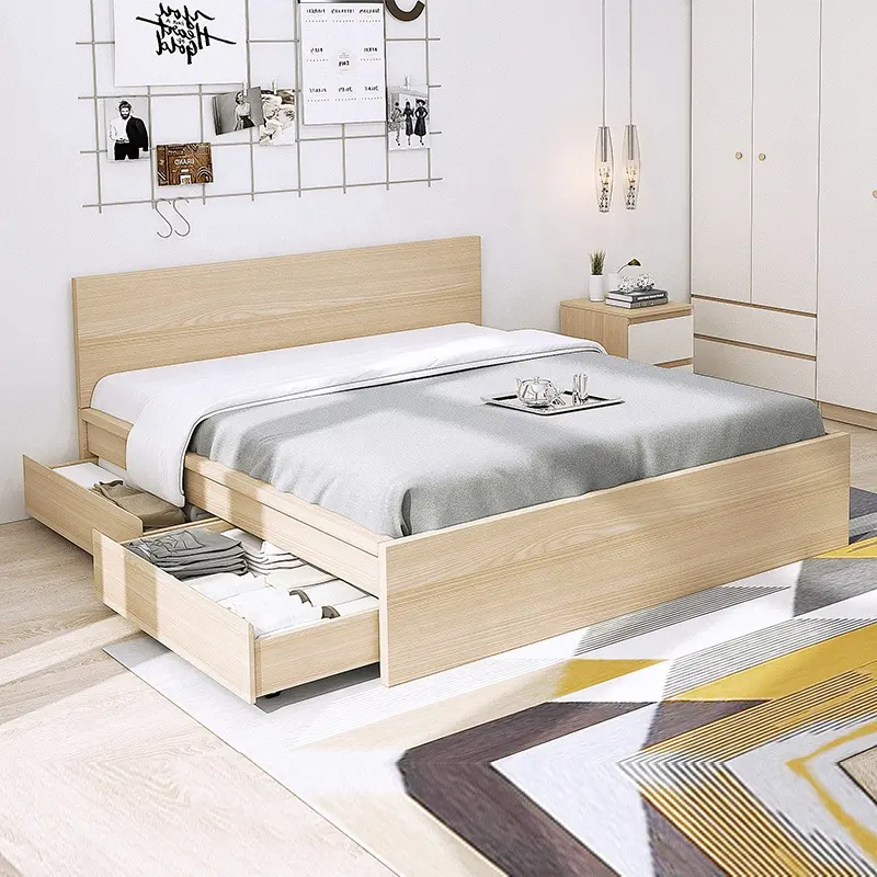 GCON Wooden Bed with Drawer Designer Furniture Space Saving Set Modern Platform Storage Bed Room Furniture Set