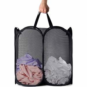 Panier à linge carré pliable personnalisable à 2 compartiments, sac en maille pop-up économique avec matériau en polyester PP, logo personnalisé - Product Image 1