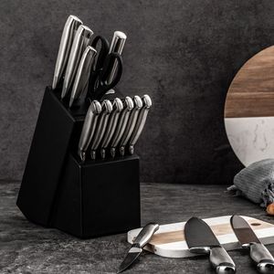 Ensemble de 15 couteaux de cuisine en acier inoxydable avec manche en acier, haute dureté, avec bloc de rangement en plastique noir – Vente en gros - Product Image 2