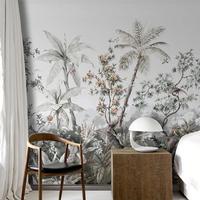 Papier Peint Mural Décoratif Personnalisé 3D Effet Lin et Bois à Motif Floral Tropical, Rouleaux Isolants Acoustiques et Imperméables pour Chambre et Salon