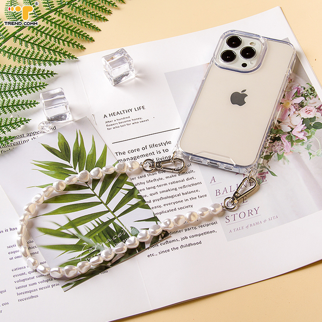 Handmade Crystal Beaded Cross Body Lanyard for Girls Cute Mobile Phone Strap with Pearl Holder Back Cover and Chain Accessory