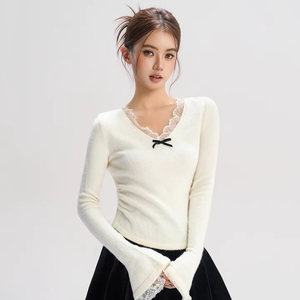 Haut d'automne Diba <span class=keywords><strong>La</strong></span> pour femmes New Style Velvet Bow Knit avec chemisier à col en V bordé de dentelle à volants - Product Image 1