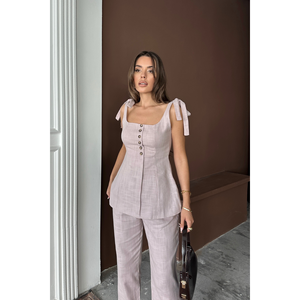 Conjunto de Blusa con Tirantes y Pantalones de Lino Shantuk, Color Lila, para Mujer, Talla S - Product Image 5