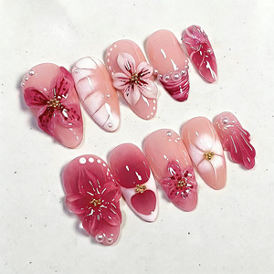 30 faux ongles en ABS faits à la main, sculpture florale 3D, forme amande, luxe, couverture complète, pour femmes, salon - Product Image 4