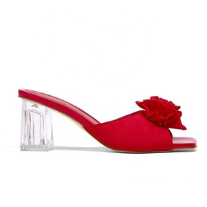 Sandales en soie à fleurs pour femmes, bout carré ouvert, talons épais en cristal, mules confortables pour robe - Product Image 4
