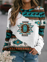 Vente en gros de pulls à manches longues pour femmes, style bohème décontracté, western, cowgirl, imprimé tête de taureau et cactus, hauts aztèques pour femmes