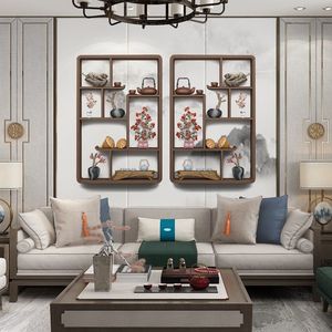 Solid Wood Chinese Style <b>Wall</b> <b>Mounted</b> Display <b>Shelf</b> For Living Room Tea Set Storage And Decorative Partition Rack Rectangle - Product Image 1