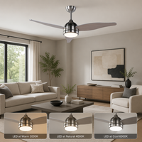 Ventilateur de plafond chromé 52 pouces avec moteur DC, 3 pales, finition grain de bois gris, lumière LED tricolore, télécommande, silencieux, contemporain, vente en gros