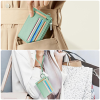 Dompet Kartu Kredit Pendek Tipis Wanita Model Gelang, Bahan Kulit Sintetis Anti RFID, Ritsleting, Lapisan Nilon
