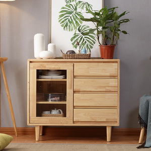 Nordic Solid Wood <b>Sideboard</b> <b>Storage</b> Cabinet With Glass Door For Dining Room Natural Wood Color - Product Image 2