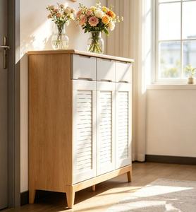 New Arrival Oak & <b>White</b> 3-Door Shoe <b>Cabinet</b> with Top Drawers & Ventilated Doors for Modern Entryway - Product Image 5