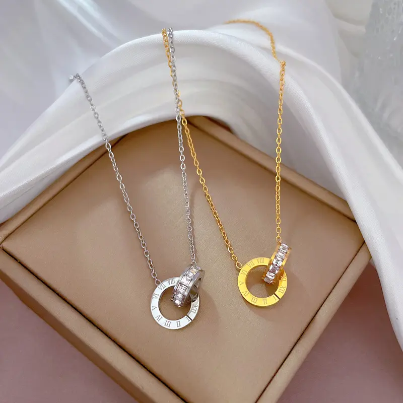 High quality 18k gold plated stainless steel circle pendant necklace jewelry zircon roman double circle necklace