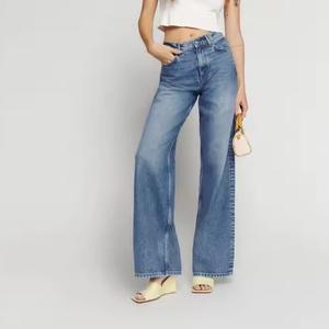 Jean en denim taille haute pour femme, coupe droite large, style Y2K, avec logo, décontracté, coupe ample, en coton respirant - Product Image 2