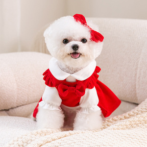 Spring and Autumn Puppy <b>Bow</b> Dress Set, Medium and Small Dog and Cat New Year Pet Clothes - Product Image 3