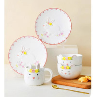 Service de table en céramique émaillée Lapin de Pâques, motif floral et animalier, assiettes, bols, tasses, théière, style nordique frais et mignon pour le printemps