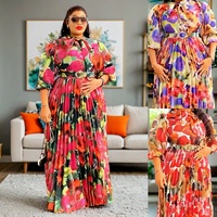 Robe de Soirée Modeste pour Printemps-Été, Manches Ballon Imprimées Florales Plissées en Mousseline pour Femme K0807