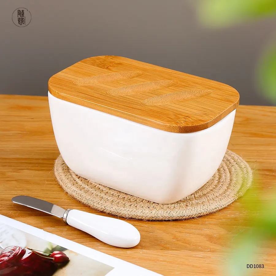 Keramik Weiß Butter Container mit Holz Deckel für East West Coast Butter Große Porzellan Butter Gericht mit Abdeckung