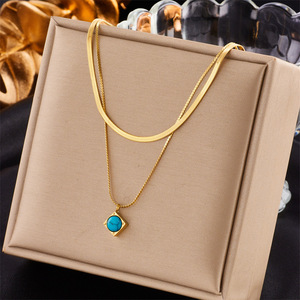 European American Fashion Double Layer Titanium Steel Turquoise Square Pendant Necklace Geometric Design Gold Color - Product Image 1
