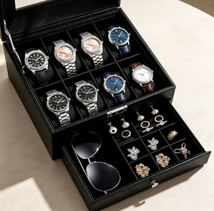 Boîte de rangement de luxe pour montres avec fenêtre transparente, 6 emplacements pour montres et tiroir à bijoux pour bagues, lunettes de soleil et boucles d'oreilles - Product Image 3