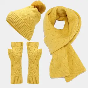2023 New Custom Embroidery Logo Winter pom pom hat and scarf set,scarf hat & glove sets,hat gloves scarf set