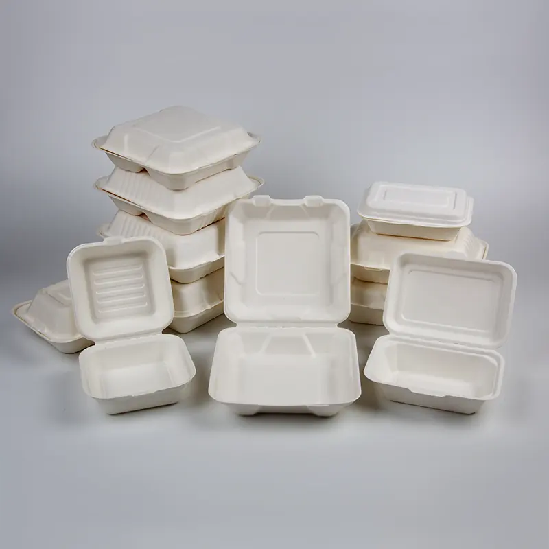 Recipiente de alimentos biodegradável descartável, saco de alimentos, 3 compartimentos, caixa de hambúrguer de pulpa