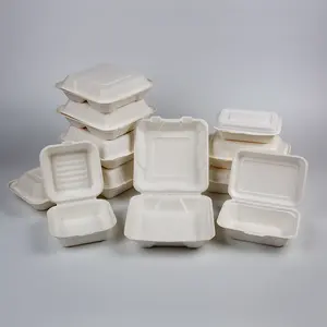 Contenedor de comida desechable biodegradable, caja de pulpa de hamburguesa, 3 compartimentos