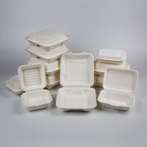 Disposable Biodegradable Take Away Food Container 3 Compartments Pulp Burger Box