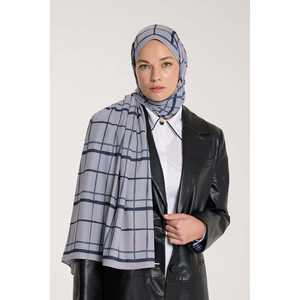 Pure Tone Satin Silk <b>Scarf</b> Square Designer Pattern in <b>Silver</b> and Navy Blue Long Style for Spring Summer Autumn Seasons - Product Image 2