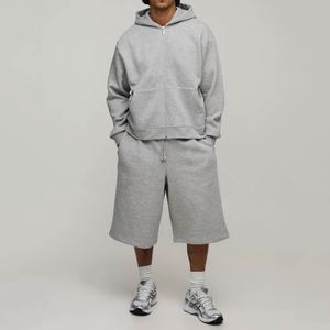 Men Heather Grey Baggy Sweatsuit Set Cropped <b>Full</b> <b>Zip</b> <b>Hoodie</b> And Wide Leg Calf Length Sweatpants Men 2 Piece Casual Tracksuit - Product Image 2
