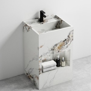 Meuble de salle de bain CR 100 cm avec miroir intelligent, motif pierre blanche, vasque en céramique intégrée - Product Image 5