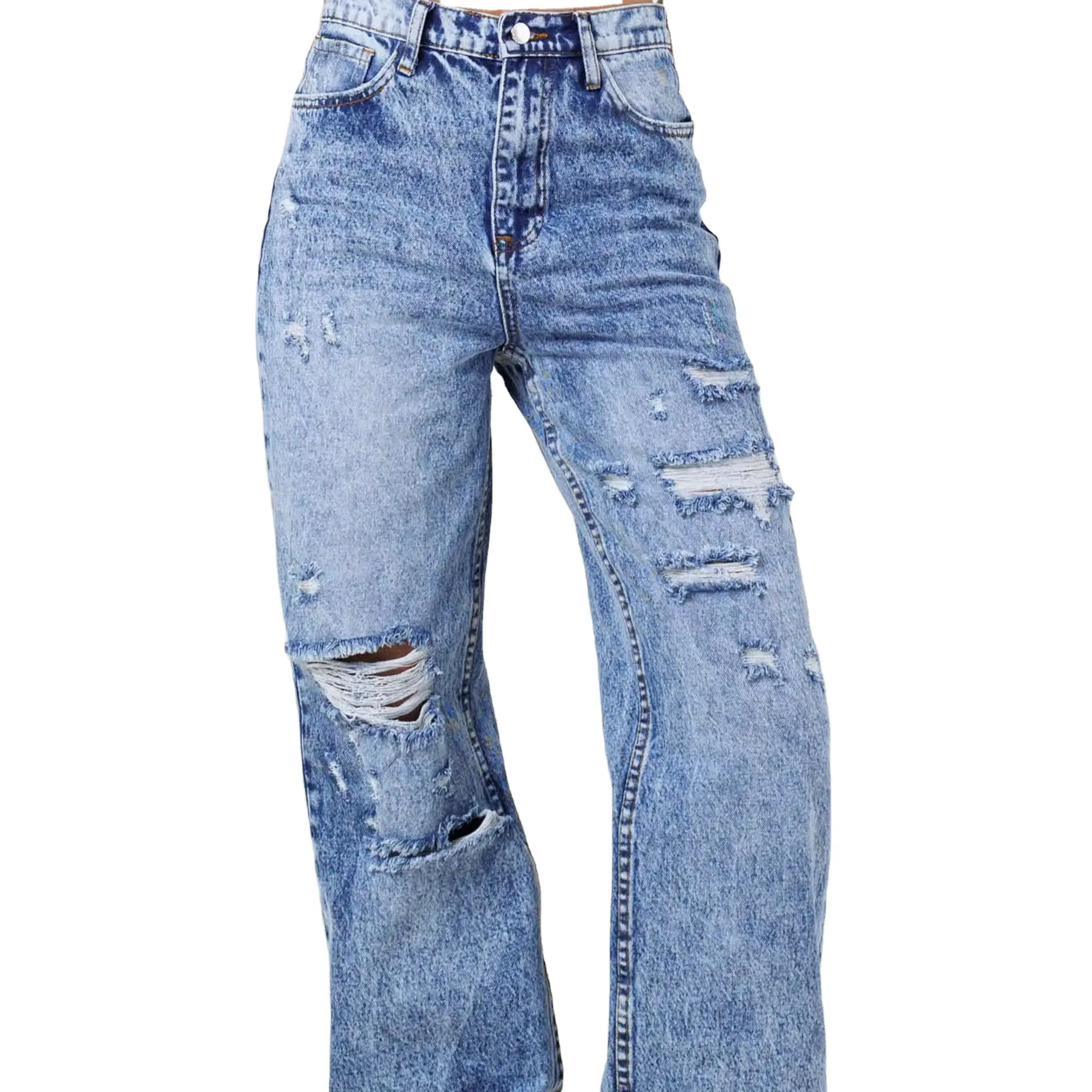 Zhuoyang Kledingstuk Hoge Kwaliteit Gescheurd Gat Denim Broek Jeans Vrouwen Patchwork Vernietigde Rauwe Zoom Jeans
