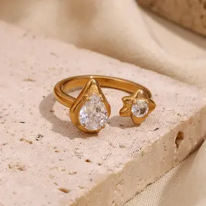 Gold Color Stainless Steel Asymmetric Drop Star Shaped Zircon Open Size Rings Galaxy Star Ring Bands