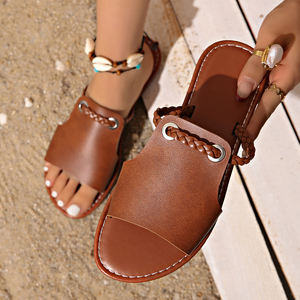 7042 Sandalias de Verano Tallas Grandes para Mujer, Novedosas Sandalias Planas de Moda para Exteriores, Sandalias de Playa Tejidas, Chanclas para Mujer - Product Image 2