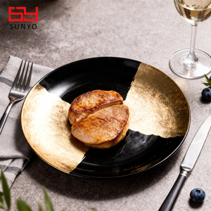 Assiette à dîner en verre <span class=keywords><strong>noir</strong></span> <span class=keywords><strong>et</strong></span> <span class=keywords><strong>or</strong></span>, 10 pouces, qualité alimentaire, passe au lave-vaisselle, vente en gros, certifiée FDA LFGB - Product Image 6