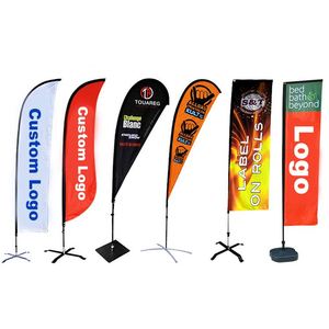 Drapeaux plume publicitaires personnalisés avec logo imprimé, simple ou double face, de bonne qualité, pour une utilisation promotionnelle, avec un design ouvert et accueillant. - Product Image 1