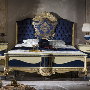 Ensemble de chambre à coucher turc royal <span class=keywords><strong>bleu</strong></span> et or en bois sculpté, mobilier de maison, lit capitonné, tables de chevet élégantes, coiffeuse - Product Image 2