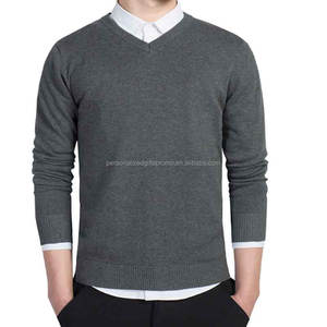 Chemises en tricot à manches longues et col en V en coton pour hommes, <span class=keywords><strong>pull</strong></span>-over tricoté en jersey <span class=keywords><strong>de</strong></span> coupe ajustée et unie - Product Image 1