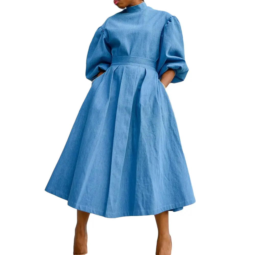 Plus Size Women Dress Puff Sleeve Dress Blue High Waist Evening Dresses Women Lady Elegant Prom Gowns