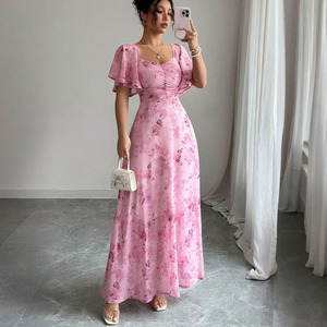 Robe longue élégante décontractée pour femme, idéale pour les fêtes et les vacances, en mousseline florale, col carré, manches courtes à volants, taille haute, coupe trapèze, pour l'été - Product Image 2