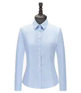 100% 纯棉女式蓝色格子衬衫双股单排扣不熨烫普通领商务办公婚礼礼服