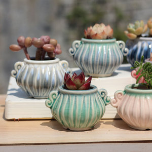 Pot de fleurs <span class=keywords><strong>en</strong></span> céramique respirant de style chinois, avec finition craquelée, pour plantes succulentes, format pouce, à deux poignées - Product Image 3
