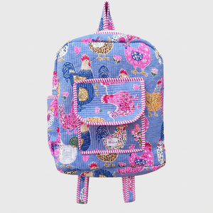 Sac à dos matelassé en coton Moz Cute, imprimé bleu poule et coq, sac à dos décontracté - Product Image 1