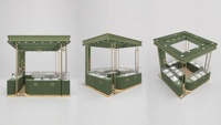 Kiosque de présentation pour bijouterie, panneau en bois vert, cadre en métal doré, éclairage LED, verre trempé pour boutique de centre commercial, magasin éphémère