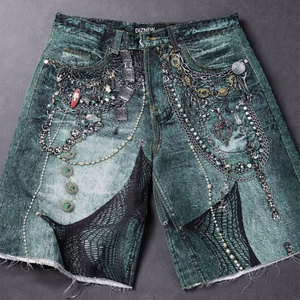 DiZNEW Pantaloncini in Denim da Uomo Personalizzati Streetwear Trendy Lavati con Stampa 3D Catene Jorts - Product Image 1
