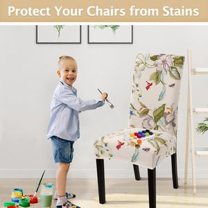Lot de 4 housses de chaise à fleurs beiges Super Stretch Spandex amovibles et lavables pour la décoration de meubles de cérémonie d'hôtel de salle à manger - Product Image 5