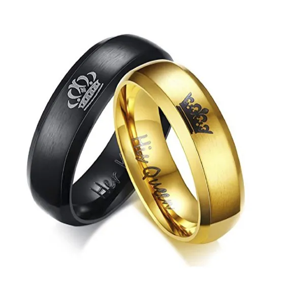 Her King Black His Queen Golden Ring Mens Women Stainless Steel Rings Wedding Band Anniversary Engagement Promise Crown Ring