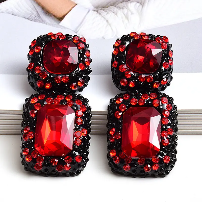 Wholesale New Luxury Rectangle Crystal Diamond Earrings For Women Big Fashion Statement Rhinestone Dangle Drop Earrings Jewelry