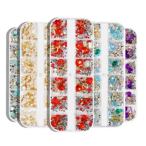 12 Stks/doos 3d Charme Sieraden Edelstenen Gemengde Klinknagel Parel Diamant Glas Nail Art Strass Decoraties