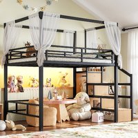 Lit mezzanine moderne en métal pleine taille avec rangement, escalier, armoire, baldaquin et éclairage LED – Gain de place, robuste, pour chambre d'étudiant, ODM OEM